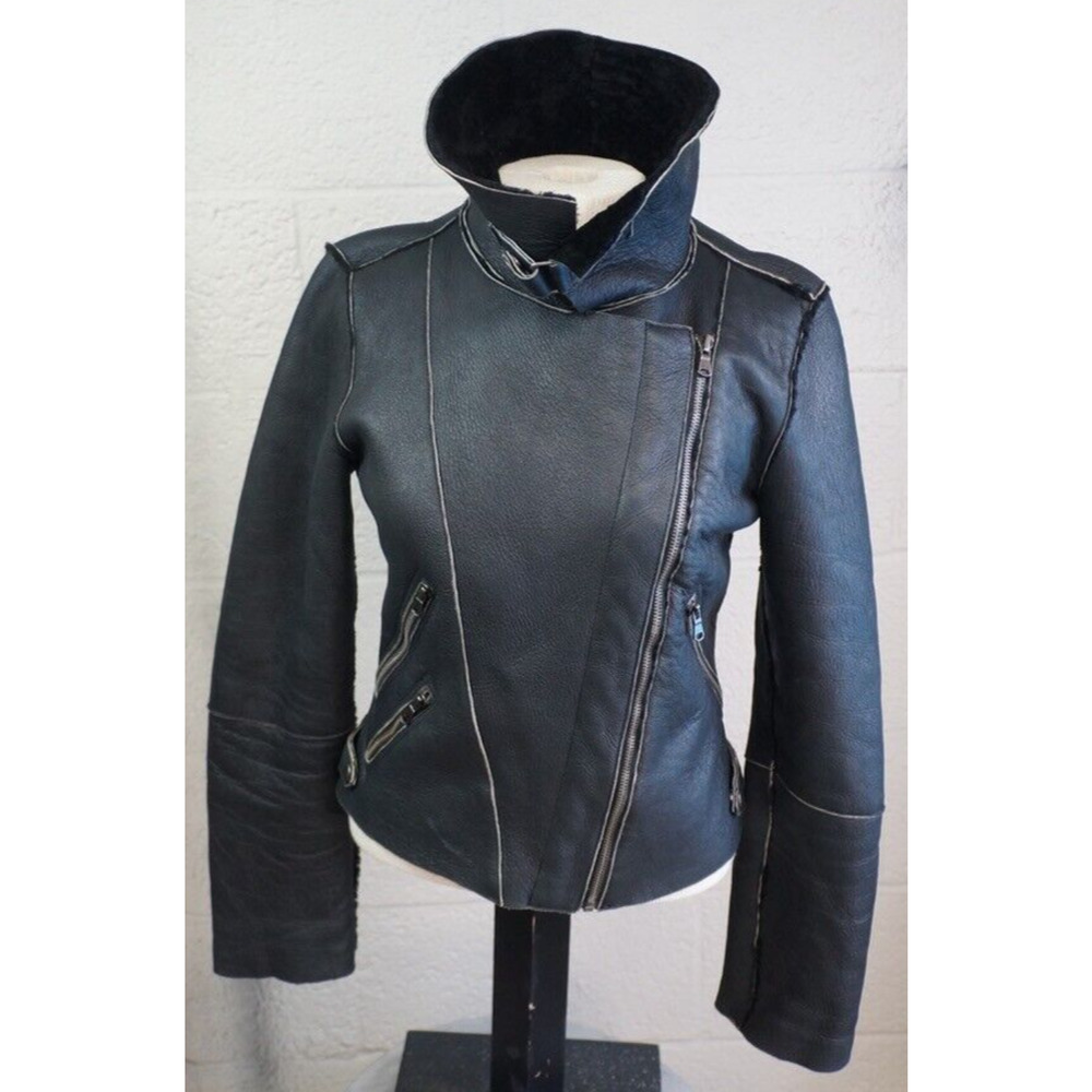 Leara Woman Shearling Sheepskin Leather Black Jacket Size M